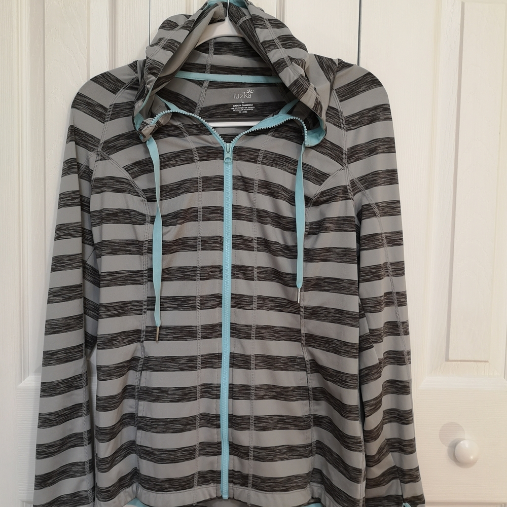 Lukka Women's Gray and Blue Striped Hoodie Jacket Size L